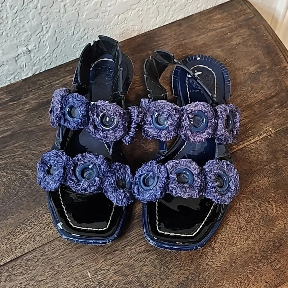Tory Burch Freya‎ Eyelet Fringe Leather Purple Blue Slingback Sandals 5.5
